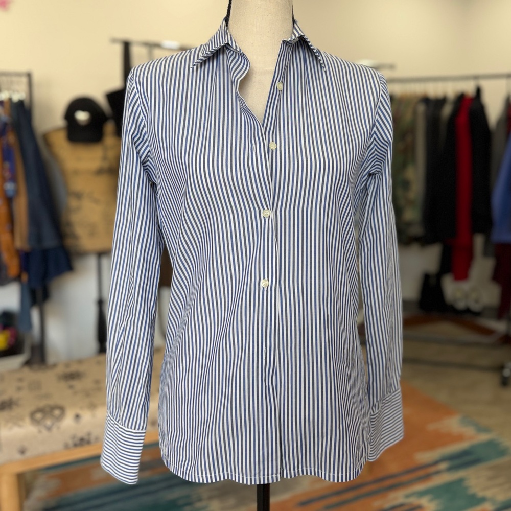 Made in Italy 100% Cotton Blue Grey Striped Button Down Shirt